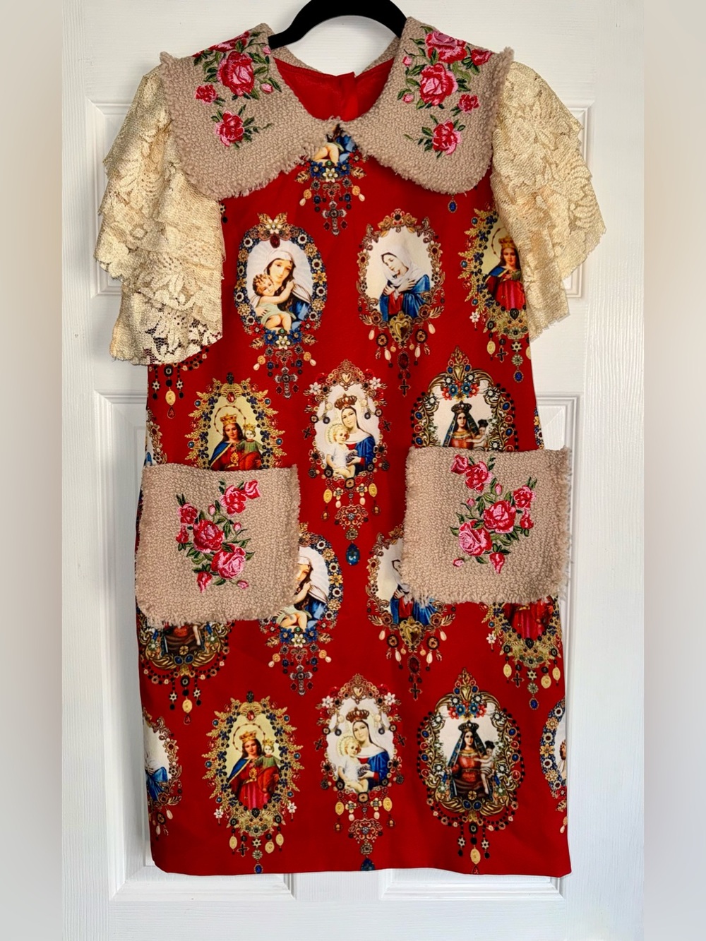 Folklore Baroque Red Medallion Virgin Mary Icon Lace Jewel D&G Style Dress M Lux